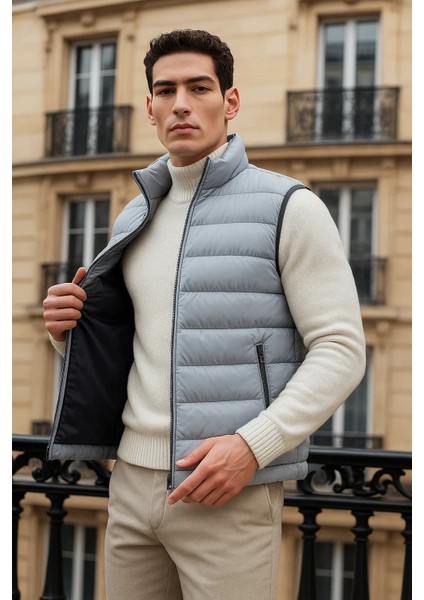 Erkek Kışlık Cepli Trend Fermuarlı Gri Şişme Yelek modelleri