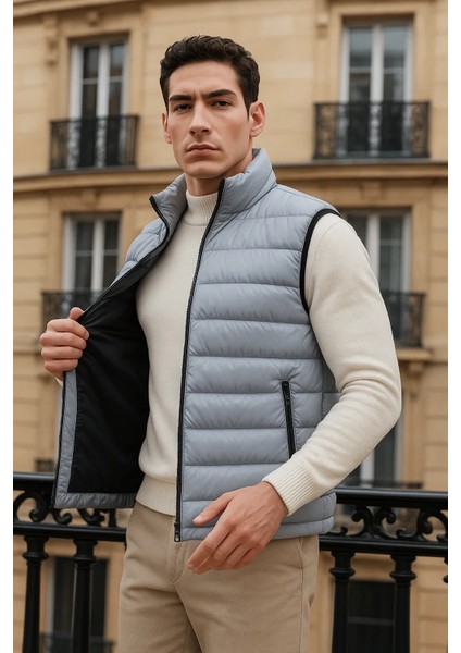 Erkek Kışlık Cepli Trend Fermuarlı Gri Şişme Yelek fırsatları