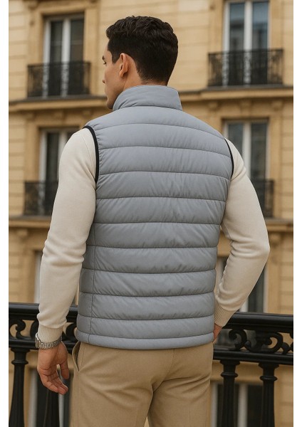 Erkek Kışlık Cepli Trend Fermuarlı Gri Şişme Yelek