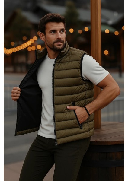 Erkek Astarlı Kışlık Cepli Fermuarlı Haki Şişme Yelek