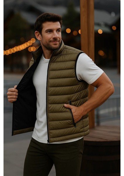 Erkek Astarlı Kışlık Cepli Fermuarlı Haki Şişme Yelek fiyatları