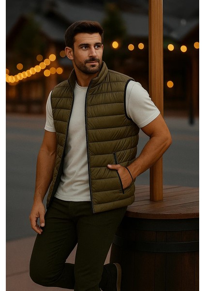 Erkek Astarlı Kışlık Cepli Fermuarlı Haki Şişme Yelek modelleri