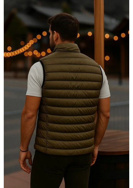 Erkek Astarlı Kışlık Cepli Fermuarlı Haki Şişme Yelek