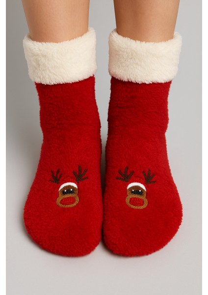 1 Çift Yumuşacık Peluş Nakışlı Yılbaşı Kadın Ev Çorabı