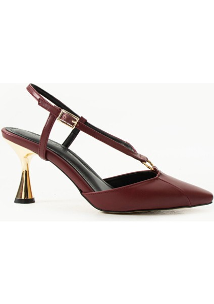 Lüks Bordo Mat Kadın Topuklu Ayakkabı Altın Detaylı Şık ve Zarif Günlük Özel Gün Kombinleri Için indirimleri