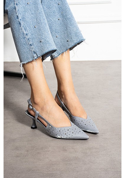 Gri Taş Detaylı Ince Topuklu Slingback Stiletto – Şık ve Zarif Abiye Kadın Ayakkabı