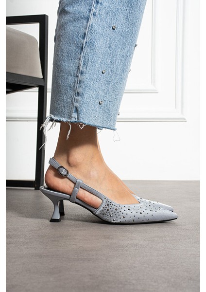 Gri Taş Detaylı Ince Topuklu Slingback Stiletto – Şık ve Zarif Abiye Kadın Ayakkabı modelleri