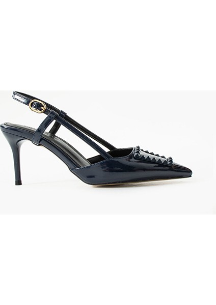 Parlak Lacivert Stiletto |vegan Deri,7cm Topuklu, Bilekten Bantlı,tokalı Sivri Burun Şık Topuklu modelleri