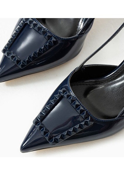 Parlak Lacivert Stiletto |vegan Deri,7cm Topuklu, Bilekten Bantlı,tokalı Sivri Burun Şık Topuklu indirimleri