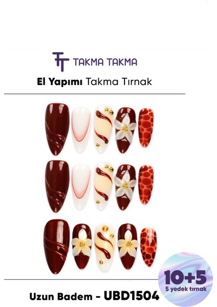 15'li Bordo Badem UBD1504 Tekrar Kullanılabilir El Yapımı Protez Takma Tırnak Bordo-L