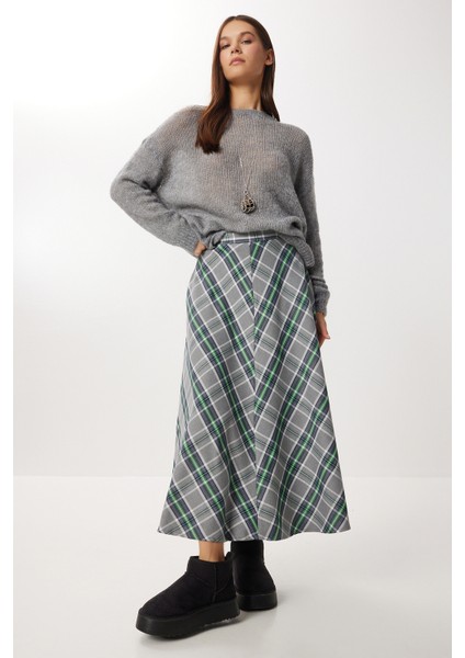 Kareli Midi Kloş Etek LNS0092 Gri Yeşil modelleri