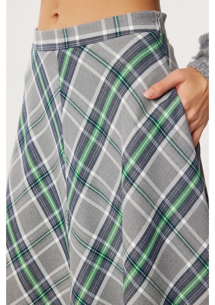 Kareli Midi Kloş Etek LNS0092 Gri Yeşil indirimleri