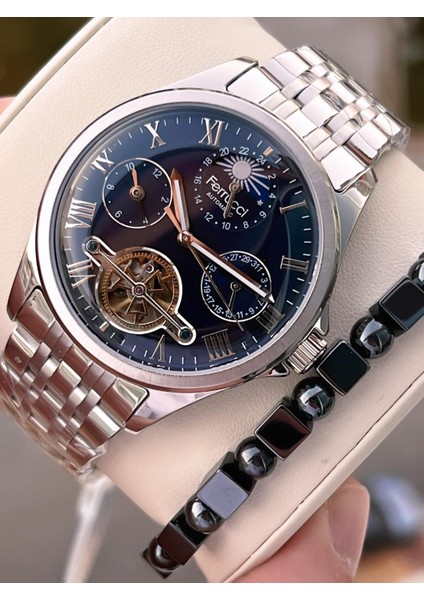 Otomatik Mehtap ve Güneş Kadranlı Bileklik Hediyeli 3 Atm Erkek Kol Saat FF.G3606.1