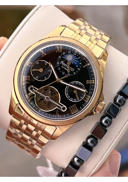 Otomatik Mehtap ve Güneş Kadranlı Bileklik Hediyeli 3 Atm Erkek Kol Saat FF.G3606.3