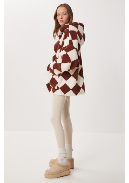 Kapüşonlu Desenli Oversize Peluş Mont LCI0064 Kahverengi Kemik