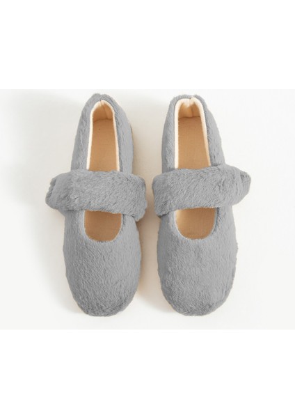 Gri Peluş Kışlık Düz Taban Kadın Babet FT3939 modelleri