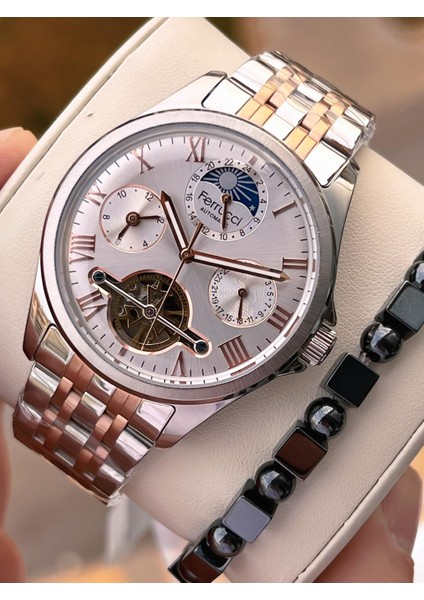 Otomatik Mehtap ve Güneş Kadranlı Bileklik Hediyeli 3 Atm Erkek Kol Saat FF.G3606.4