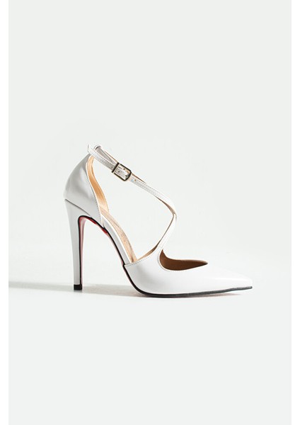 Beyaz Rugan Çapraz Bantlı Sivri Burun Ince Topuklu Kadın Stiletto Zarif Abiye Topuklu Ayakkabı indirimleri