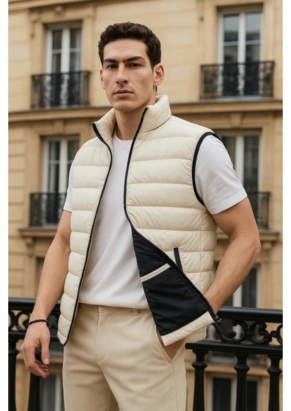 Erkek Kışlık Cepli Trend Fermuarlı Krem Şişme Yelek modelleri