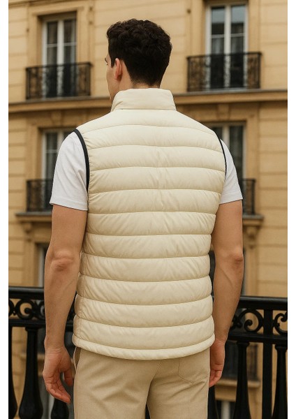 Erkek Kışlık Cepli Trend Fermuarlı Krem Şişme Yelek