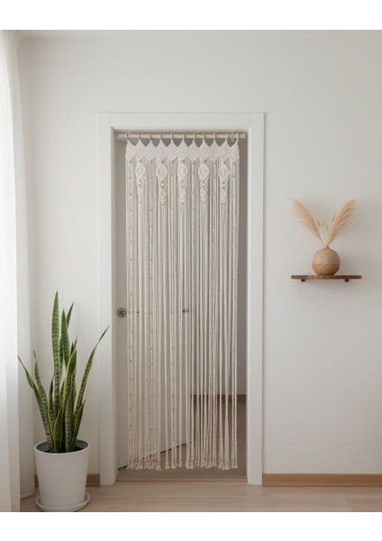El Yapımı Boncuklu Pamuk Makrome Kapı Perdesi - Doğal Ahşap Boncuklu Dekor