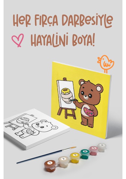 Ressam Ayı Temalı Çocuk Tuval Boyama Seti | Tuval + 6 Renk Akrilik Boya + Fırça