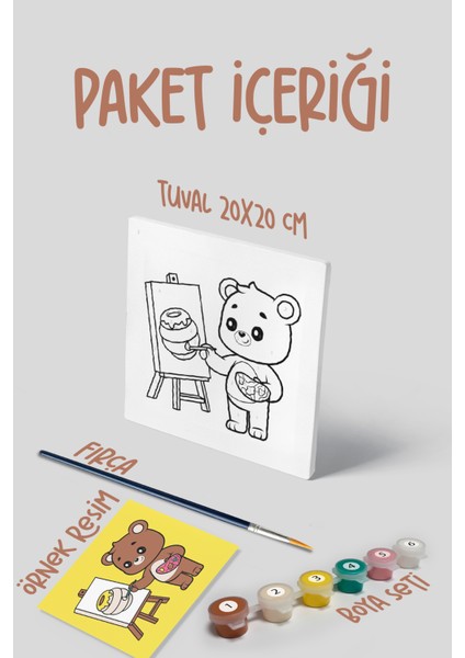 Ressam Ayı Temalı Çocuk Tuval Boyama Seti | Tuval + 6 Renk Akrilik Boya + Fırça modelleri