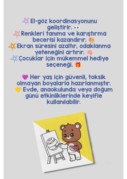 Ressam Ayı Temalı Çocuk Tuval Boyama Seti | Tuval + 6 Renk Akrilik Boya + Fırça indirimleri