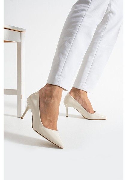 Krem Parlak Vegan Deri Topuklu Ayakkabı |7cm Ince Topuk | Şık Stiletto|trend Kadın Ofis Abiye