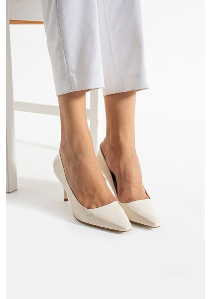 Krem Parlak Vegan Deri Topuklu Ayakkabı |7cm Ince Topuk | Şık Stiletto|trend Kadın Ofis Abiye modelleri