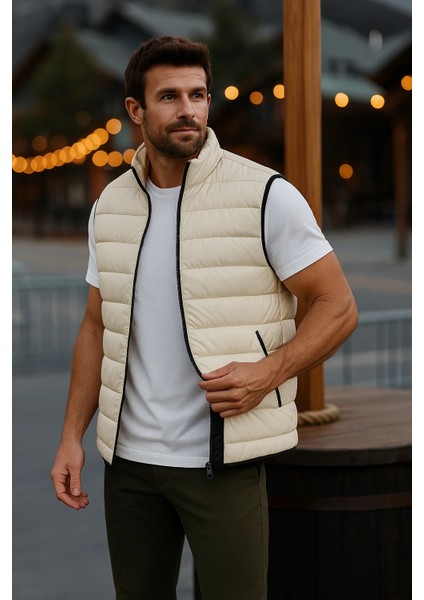 Erkek Astarlı Kışlık Cepli Fermuarlı Krem Şişme Yelek