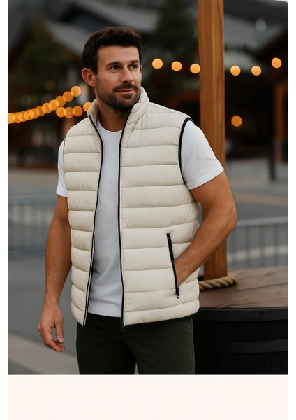 Erkek Astarlı Kışlık Cepli Fermuarlı Krem Şişme Yelek fiyatları