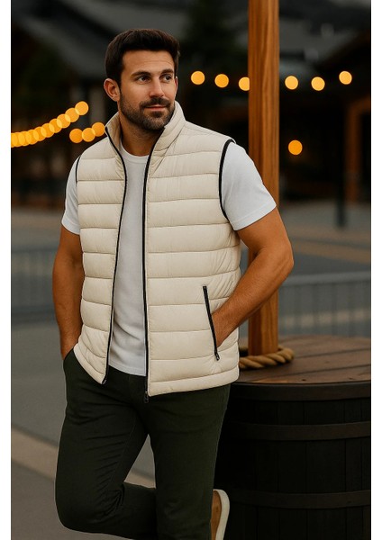 Erkek Astarlı Kışlık Cepli Fermuarlı Krem Şişme Yelek fırsatları