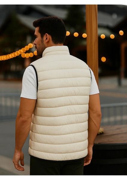 Erkek Astarlı Kışlık Cepli Fermuarlı Krem Şişme Yelek