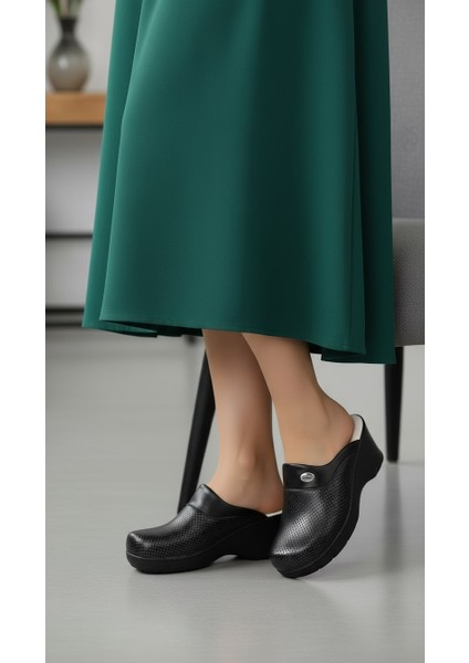 Siyah Delikli Dolgu Topuklu Kadın Sabo Ortopedik Hemşire Doktor Aşçı Günlük Terlik fiyatları