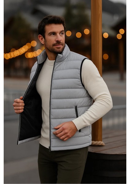 Erkek Astarlı Kışlık Cepli Fermuarlı Gri Şişme Yelek