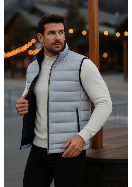 Erkek Astarlı Kışlık Cepli Fermuarlı Gri Şişme Yelek fiyatları