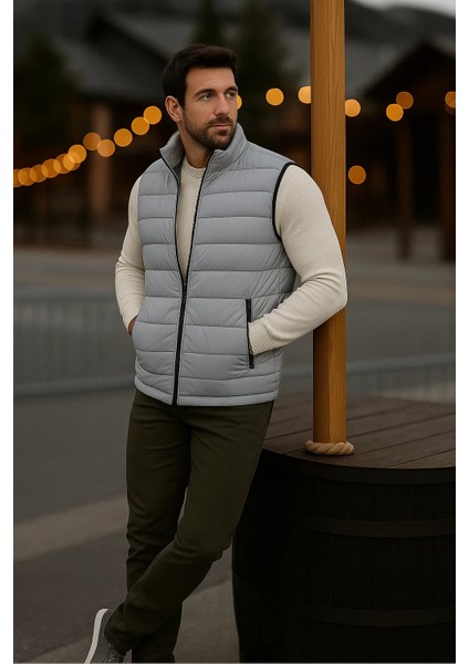 Erkek Astarlı Kışlık Cepli Fermuarlı Gri Şişme Yelek modelleri