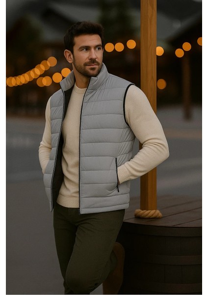 Erkek Astarlı Kışlık Cepli Fermuarlı Gri Şişme Yelek fırsatları