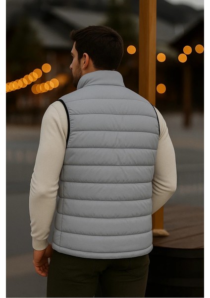Erkek Astarlı Kışlık Cepli Fermuarlı Gri Şişme Yelek indirimleri