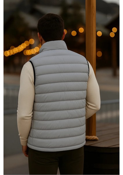 Erkek Astarlı Kışlık Cepli Fermuarlı Gri Şişme Yelek