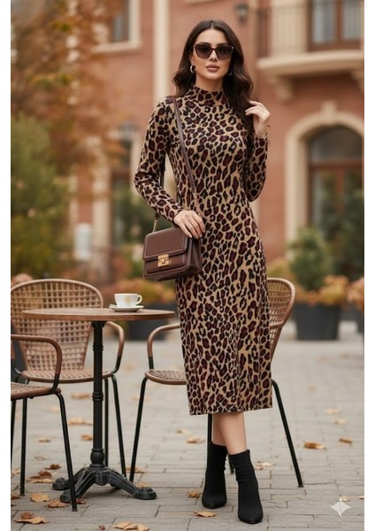 Kadın Uzun Kollu Balıkçı Yaka Leopar Desenli Midi Boy Elbise fiyatları