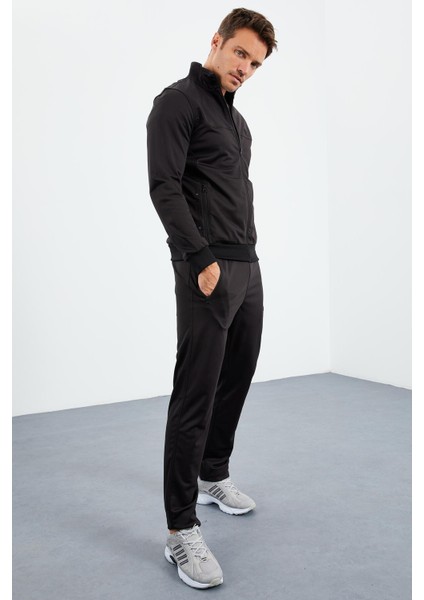 Siyah Dik Yaka Fermuarlı Standart Kalıp Klasik Paça Erkek Eşofman Takımı - 85162