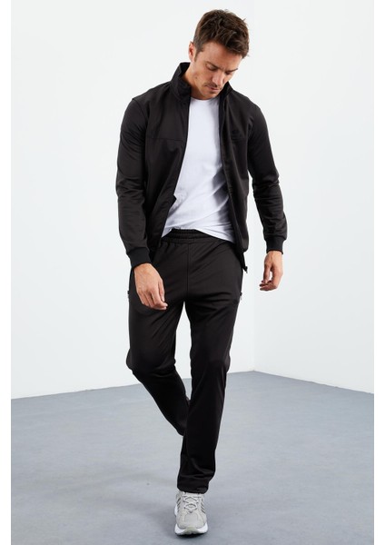 Siyah Dik Yaka Fermuarlı Standart Kalıp Klasik Paça Erkek Eşofman Takımı - 85162