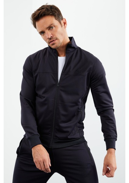 Lacivert Dik Yaka Fermuarlı Standart Kalıp Klasik Paça Erkek Eşofman Takımı - 85162