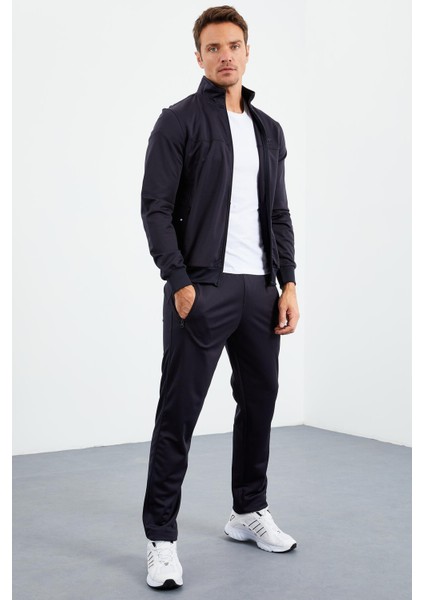 Lacivert Dik Yaka Fermuarlı Standart Kalıp Klasik Paça Erkek Eşofman Takımı - 85162