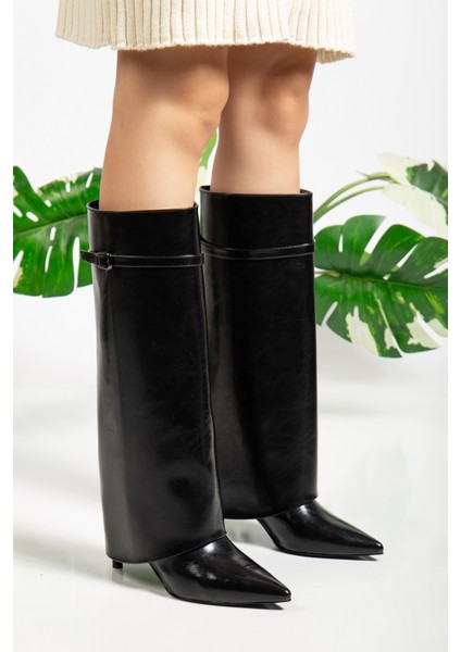 Siyah Parlak Model Topuklu Kadın Çizme fiyatları