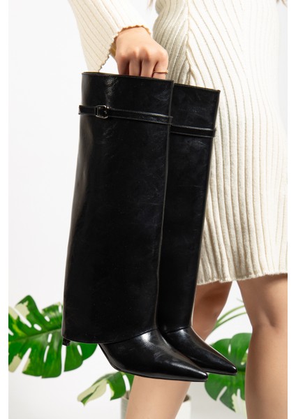 Siyah Parlak Model Topuklu Kadın Çizme modelleri