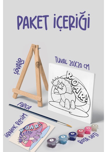 Dinazor Roar Temalı Çocuk Şövale Tuval Boyama Seti | Ahşap Şövale+Tuval+6 Renk Akrilik Boya+Fırça modelleri
