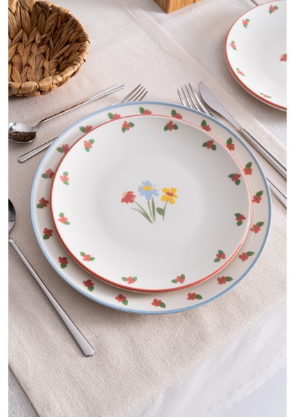Liora Çiçek Desenli 20 cm Porselen Pasta & Kahvaltı Tabağı - 6 Adet